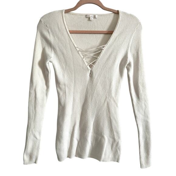 MINNIE ROSE Creamy White Lace-Up V-Neck Cotton-Silk Ribbed Top Shirt - Sz M - Picture 1 of 5